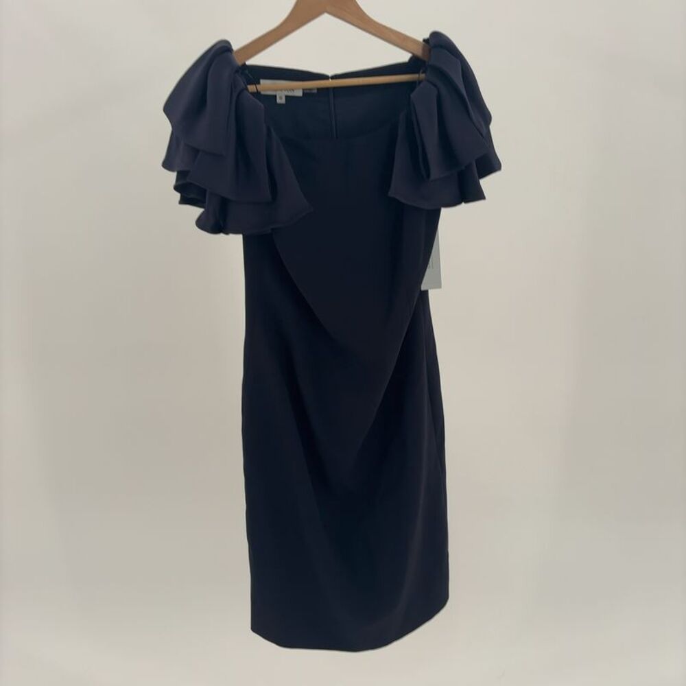 Teri Jon by Rickie Freeman Crepe Boatneck Satin Ruffle Shoulder Dress